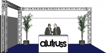 Alutruss Messestand Quadlock 6082 L-Form 7x4x3,5m